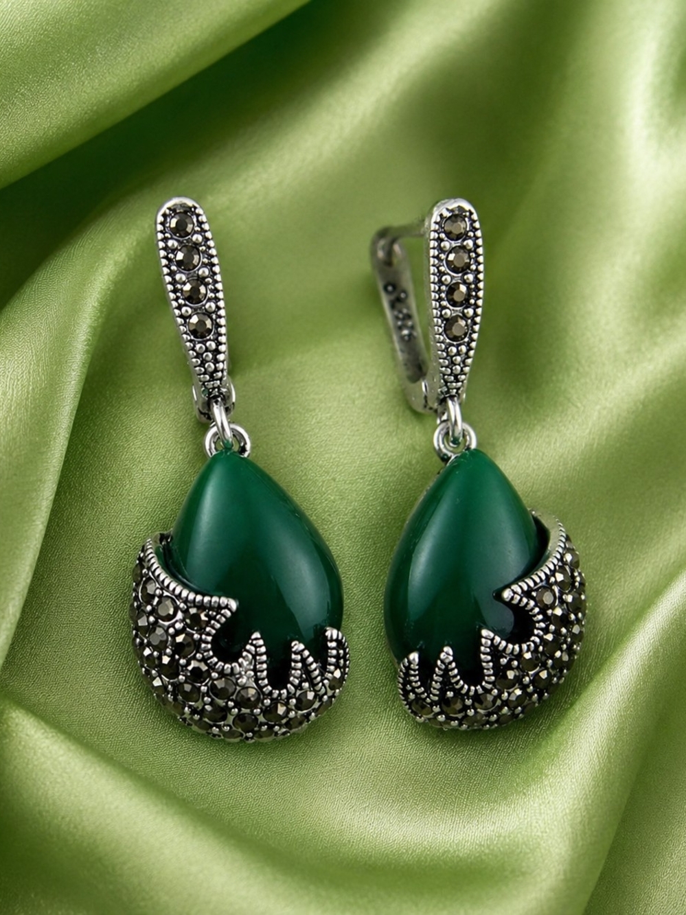 Green Teardrop Silver Drop Earrings with Marcasite Accents